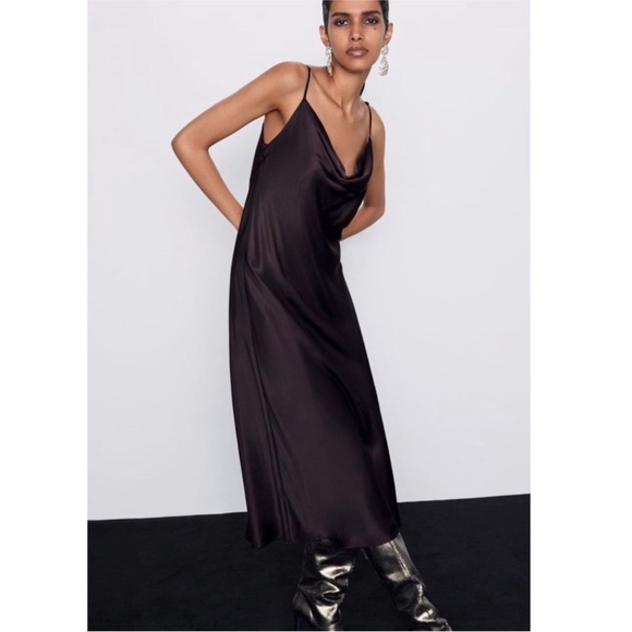NWT ZARA SLIP DRESS satin brown chocolate 🍫 cowl neck MIDI XS 0 2 4 silky Y2K - Picture 8 of 8